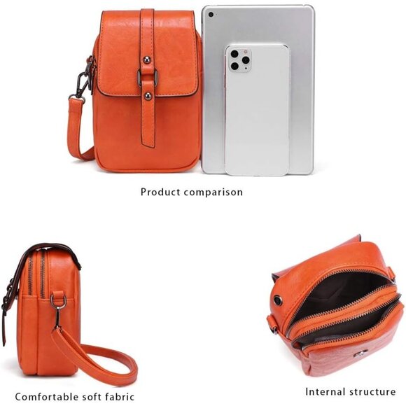 Women's Orange Vintage Cross Body Phone Bag Small Messenger Shoulder Handbag - Picture 5 of 7